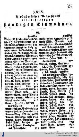 Alphabetisches Verzeichniß aller hiesigen ständigen Einwohner, Beilagen, Inhalt