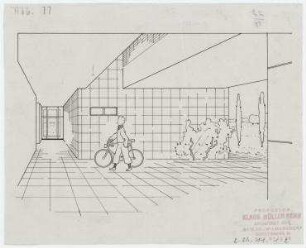 Das Mittelganghaus, Entwurf für die Ausstellung des BDA im Schloss Charlottenburg (nicht realisiert) – Innenperspektivansicht Eingangsbereich