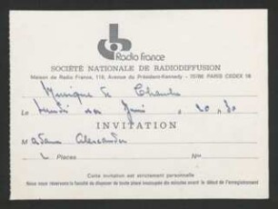 Einladungskarte: Radio France an Leni Alexander