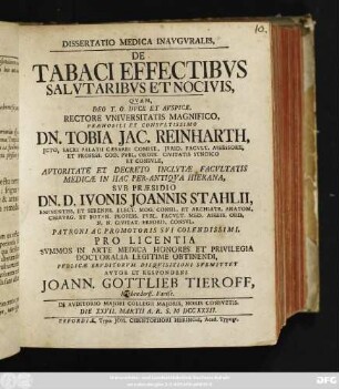 Dissertatio Medica Inavgvralis, De Tabaci Effectibvs Salvtaribvus Et Nocivis