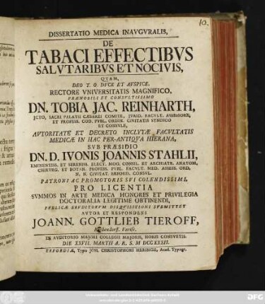 Dissertatio Medica Inavgvralis, De Tabaci Effectibvs Salvtaribvus Et Nocivis