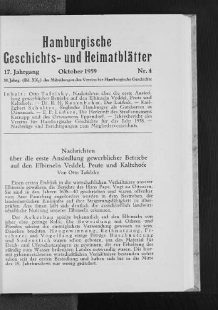 Nachrichten über die erste Ansiedlung gewerblicher Betriebe auf den Elbinseln Veddel, Peute und Kaltehofe