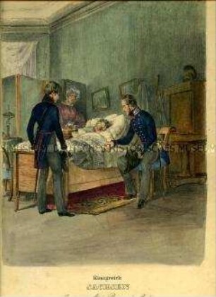 Uniformdarstellung, Kompaniearzt, Regimentsarzt und Frau am Krankenbett eines Offiziers, Königreich Sachsen, 1838/1843. Tafel 91 im Buch: Eckert/Monten: Das deutsche Bundesheer.