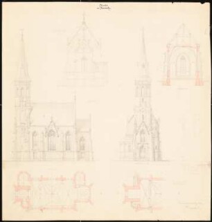 Kirche, Kaulwitz: Grundriss Gewölbe, Grundriss Höhe Orgelgeschoss, Aufriss Westseite, Südseite, Schnitte, Maßstabsleiste