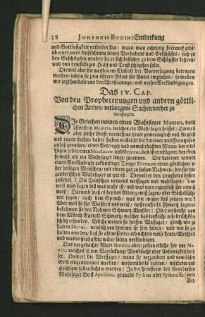 Das IV. Cap. Von den Propheceyungen und andern göttlichen Arthen, verborgene Sachen vorher zu weissagen