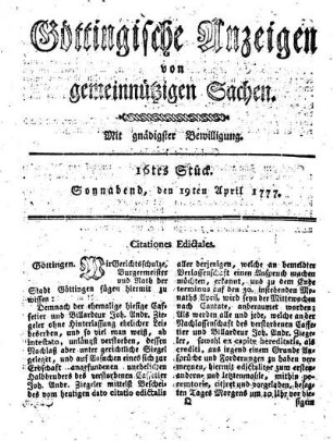 16tes Stück. Sonnabend, den 19ten April 1777.
