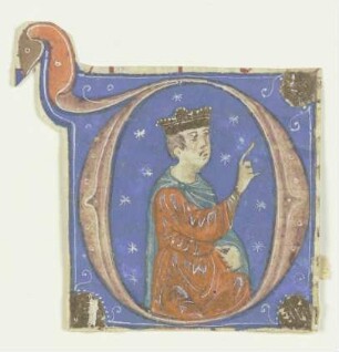 Initiale O: Darin ein bekrönter Mann im Redegestus (verso Textfragment)