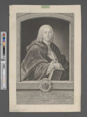 Gottfrid Daniel Hoffmann : Phil[osophiae] et J[uris] V[triusque] D[octor,] Com[es] Pal[atinus] Caes[areus,] Seren[issimo] Duci Wirtemberg[iae] a consiliis, Jur[is] Publ[ici] et Feud[alis] Prof[essor] P[ublicus] Ord[inarius] in Academia Tubingensi; Societatum literariarum Jenensium, et Lipsiensis membr[um] honor[arium,] fundat[ionis] Martinianae et Ficklerianae Administrator. nat[us] d[ie] 19. Febr. 1719. Tub[ingae]