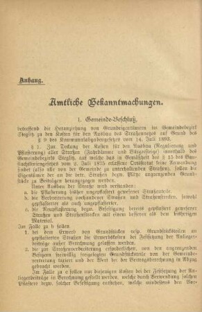 Anhang. Amtliche Bekanntmachungen. Ortspolizei-Verordnungen etc.