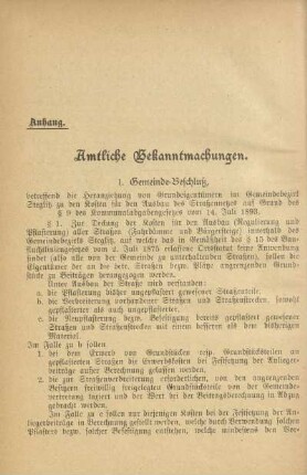 Anhang. Amtliche Bekanntmachungen. Ortspolizei-Verordnungen etc.