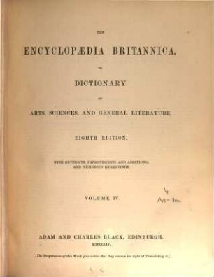 The Encyclopaedia Britannica, or Dictionary of Arts, Sciences, and General Literature, 4. Ast - Bom