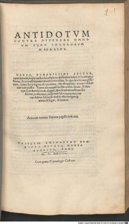 Antidotvm Contra Diversas Omnivm Fere Secvlorvm Haereses
