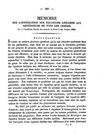 Mémoire Sur L'Intégration des Èquations Linéaires Aux Différences De Tous Les Ordres.