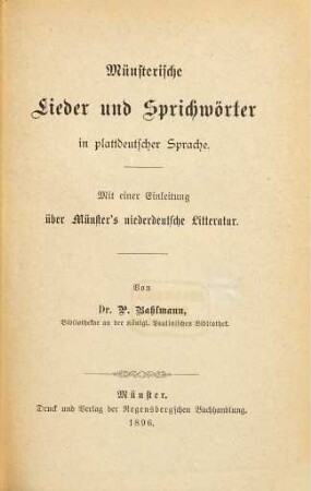 Münsterische Lieder und Sprichwörter in plattdeutscher Sprache