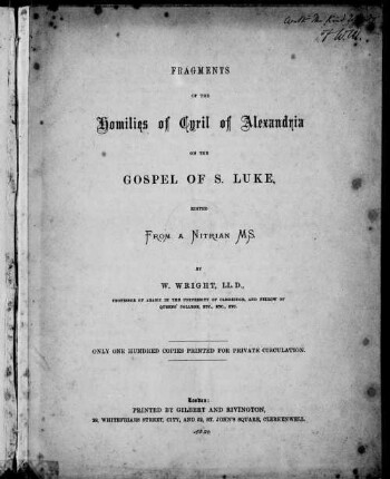 Fragments of the Homilies of Cyril of Alexandria on the Gospel of S. Luke