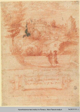 Landschaft mit Burg, Brücke und zwei Figuren
