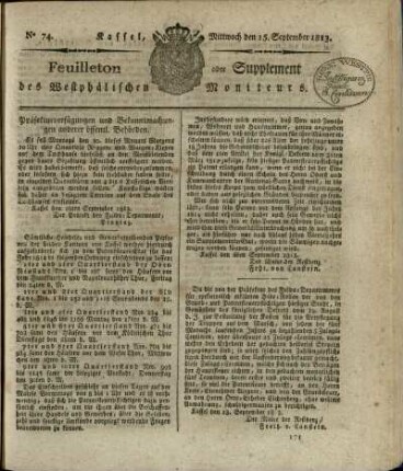 No. 74, Mittwoch den 15. September 1813