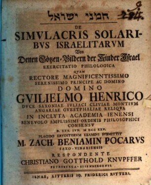 De simulacris solaribus Israelitarum, Von denen Götzenbildern der Kinder Israels exercitatio philologica