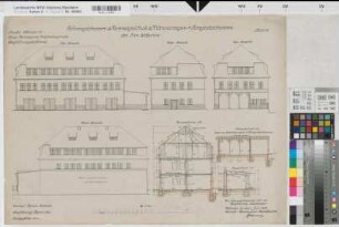 Münster (Münster) Trainkaserne Fahrzeugschuppen (5. Eskadron) Bl. 35 Ansichten, Schnitt (1914)1917 1 : 100 50 x 67 farb. Druck Rudnicki, Regierungsbaumeister Hochbauamt Münster