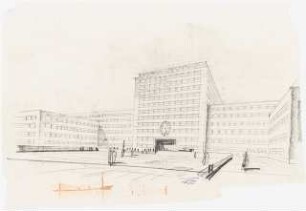 Wettbewerb Land-, Amts- und Arbeitsgericht, Berlin-Tiergarten: Perspektivische Ansicht Vorderfassade und 2 perspektivische Skizzen
