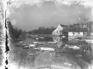 Benndorf. Ortsteilansicht. Blick über die Wyhra bei Hochwasser durch Schneeschmelze
