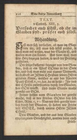 Text. 2 Corinth. XIII, 5. Versuchet euch selbst, ob ihr im Glauben seyd, prüfet euch selbst. Abhandlung.