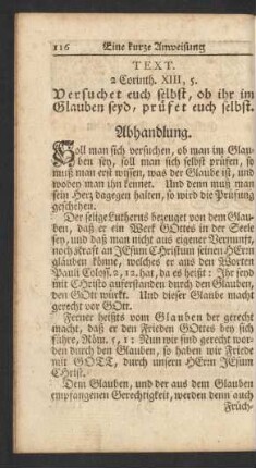 Text. 2 Corinth. XIII, 5. Versuchet euch selbst, ob ihr im Glauben seyd, prüfet euch selbst. Abhandlung.