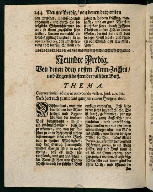 144-160, Neundte Predig. Von denen drey ersten Kenn-Zeichen und Eygenschafften der falschen Buß