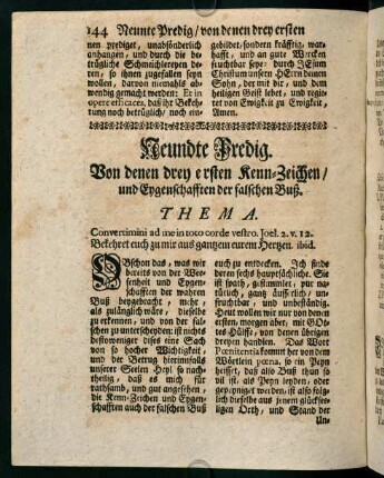 144-160, Neundte Predig. Von denen drey ersten Kenn-Zeichen und Eygenschafften der falschen Buß