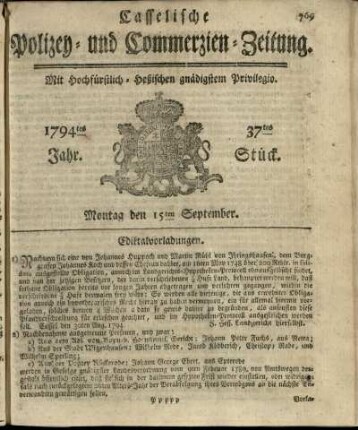 37tes Stueck, Montag den 15ten September 1794