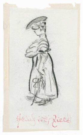 Frau mit Hut und Schirm, Seitenansicht