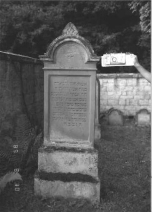 Grabstein 107 (Index: 99609743) Material: Sandstein Zustand: verwittert Maße HxBxT: 204x68x30 cm Beschreibung: Stele, eingezogener Rundbogenabschluß mit Verdachung, Mittelpalmette, vorderes Schriftfeld rechteckig eingetieft, hinteres Schriftfeld plakettenförmig erhaben, getreppter Sockel: Grabstein 107
