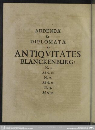 Addenda Et Diplomata. Ad Antiquitates Blanckenburg