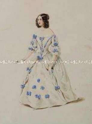 Frau im weißen Kleid mit blauen Schleifen - Tafel aus Franceschini/Kostümbilder (Kassette 1)