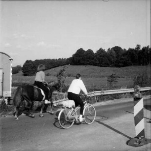 Hauptstraße: Landstraße zwischen Groß Wesenberg und Klein Wesenberg: Brückenbau: Brücke über Trave: Absperrung wegen Bauarbeiten: im Vordergrund Reiterin und Fahrradfahrer: links Baubude: hinten Knicklandschaft