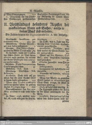 II. Vollständiges besonderes Register der merckwürdigen Worte und Sachen, welche in diesem Werck sind enthalten