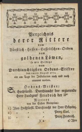 Verzeichnis derer Rittere vom Fürstlich-Hessen-Casselischen-Orden vom goldenen Löwen, ...