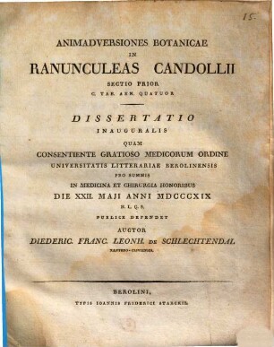 Animadversiones botanicae in Ranunculeas Candollii : sectio prior ; cum tabulis aeneis quatuor ; dissertatio inauguralis