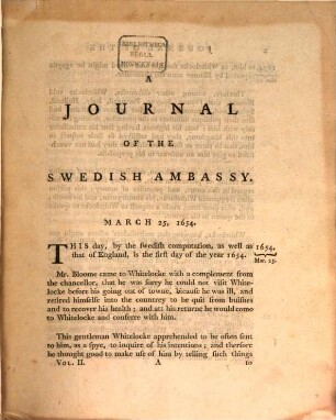 A Journal Of The Swedish Ambassy In The Years M.DC.LIII. And M.DC.LIV. From The Commonwealth Of England, Scotland, And Ireland : With An Appendix Of Original Papers ; In Two Volumes, 2