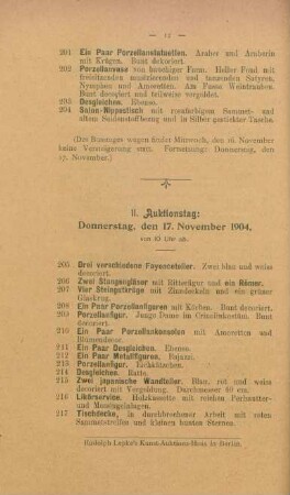 II. Auktionstag: Donnerstag, den 17. November 1904, von 10 Uhr ab