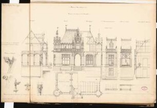 Fürstliches Schloss auf dem Brauhausberg, Potsdam Schinkelwettbewerb 1862: Grundrissausschnitte; Aufriss verschiedener Fassadenteile; Schnitte; Details