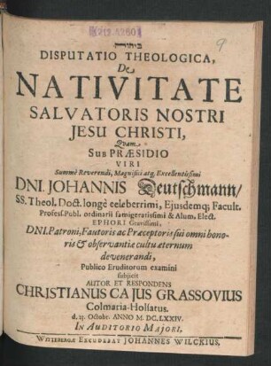 Disputatio Theologica, De Nativitate Salvatoris Nostri Jesu Christi