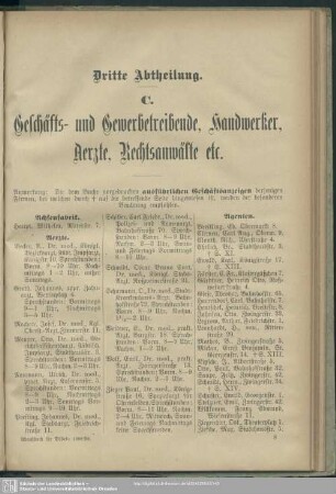Dritte Abteilung. Berufsklassen und Gewerbebetriebe : Dritte. Abtheilung. C. Geschäfts- und Gewerbetreibende, Handwerker, Aerzte, Rechtsanwälte etc.