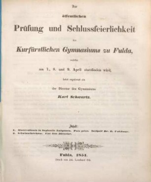 1851: Zur öffentlichen Prüfung und Schlussfeierlichkeit des Kurfürstlichen Gymnasiums zu Fulda