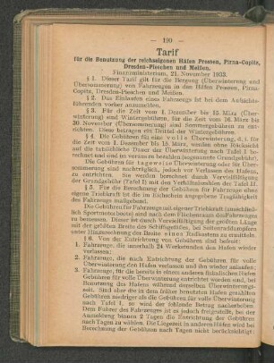 Tarif für die Benutzung der reichseigenen Häfen Prossen, Pirna-Copitz, Dresden-Pieschen und Meißen. Finanzministerium, 21. November 1933.