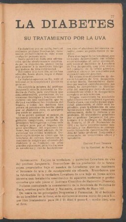 La diabetes - su tratamiento por la Uva