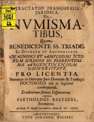 Tractatio Inauguralis Juridica, De Nvmismatibus
