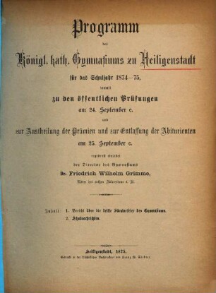 Programm des Königl. Kath. Gymnasiums zu Heiligenstadt : für das Jahr ..., 1874/75