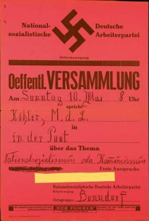 Versammlung der NSDAP-Ortsgruppe Bonndorf: Nationalsozialismus oder Kommunismus!