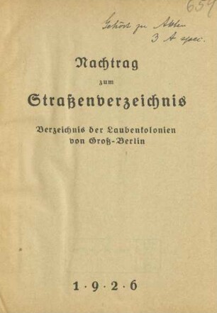 [Nachtrag]: Verzeichnis der Laubenkolonien von Groß-Berlin